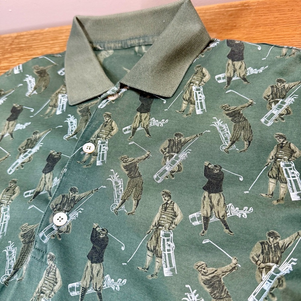Bobby Jones Golf Polo Mens L Classic Golfers All Over Print Green Short Sleeve
